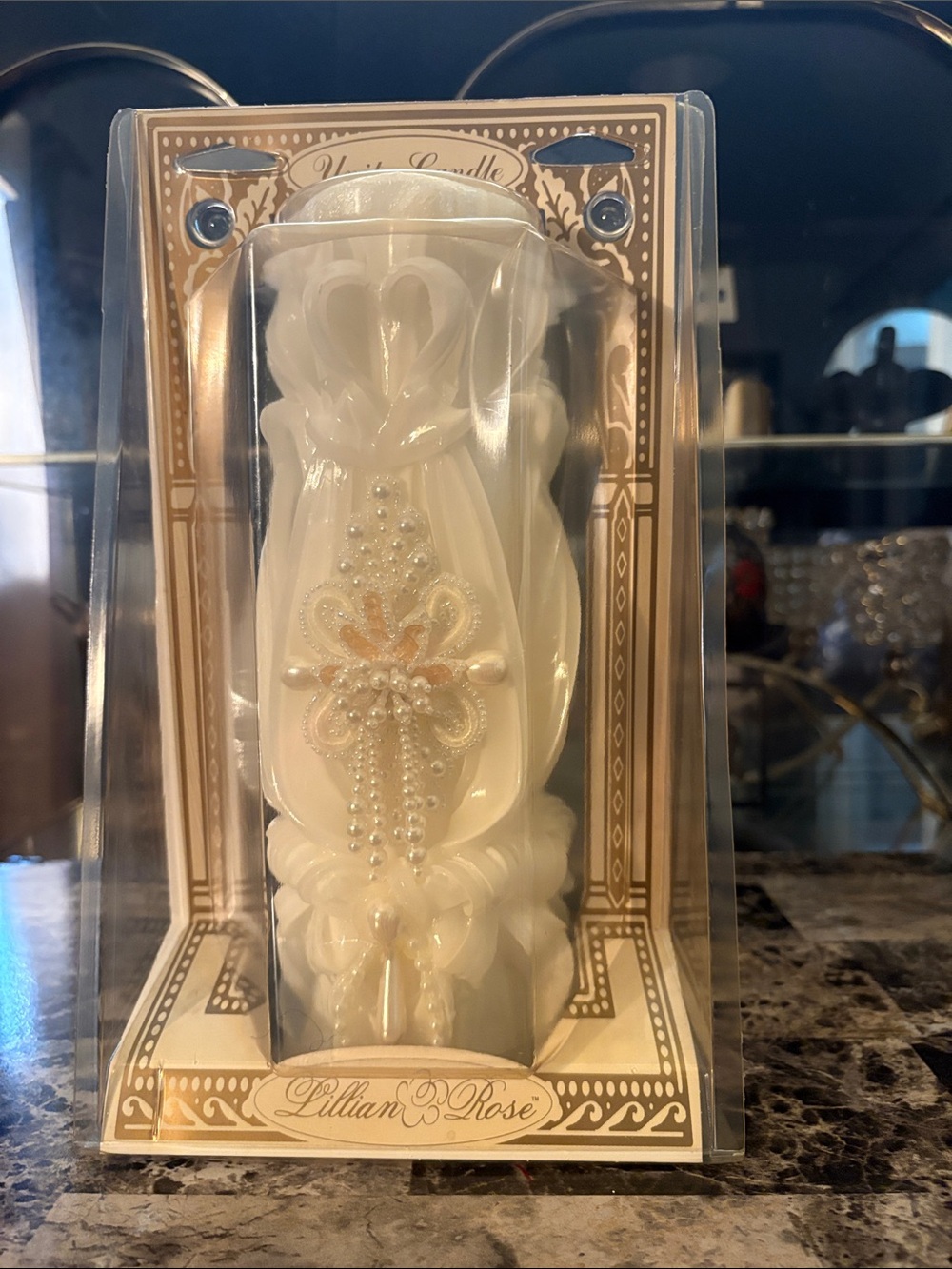 Lillian & Rose White Decorative Carved Candle with Pearl Accent